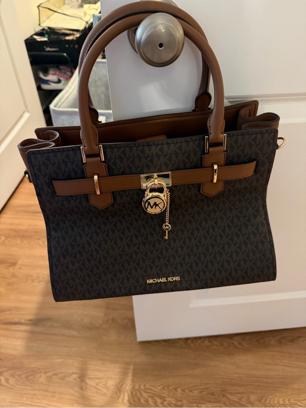 Michael Kors Brown and Black Logo Tote Satchel with Gold Hardware